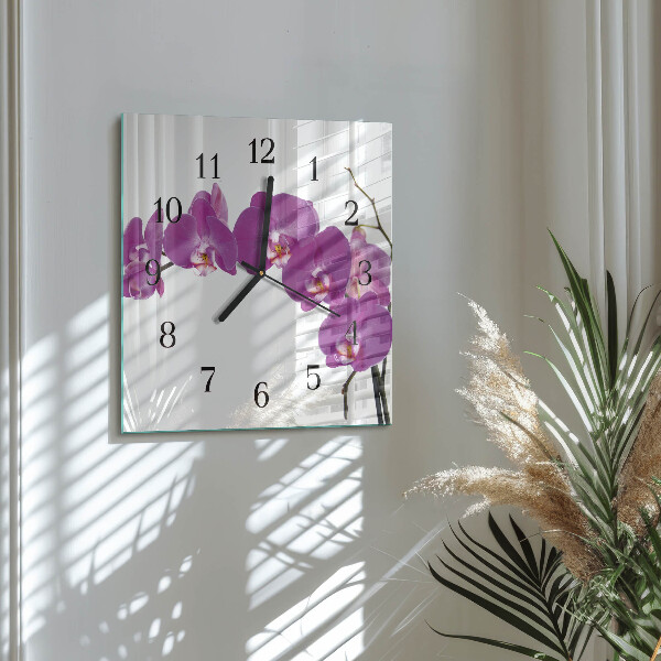 Vierkante glazen wandklok Orchidee
