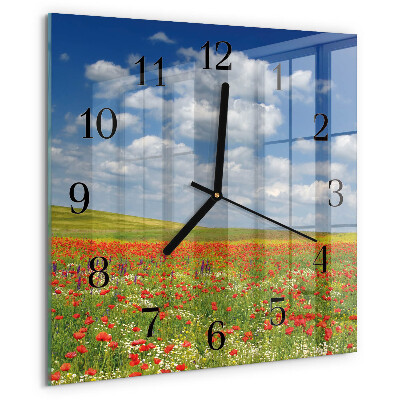 Vierkante glazen wandklok Klaproosveld