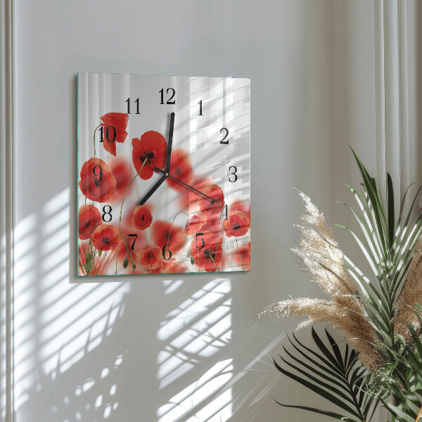 Vierkante glazen wandklok Klaprozen