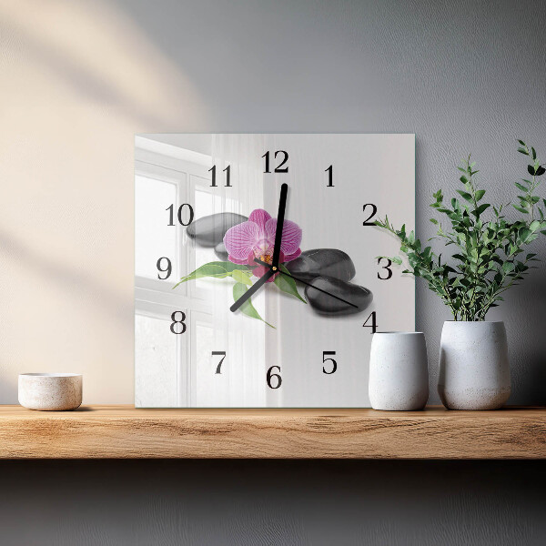 Vierkante glazen wandklok Orchidee