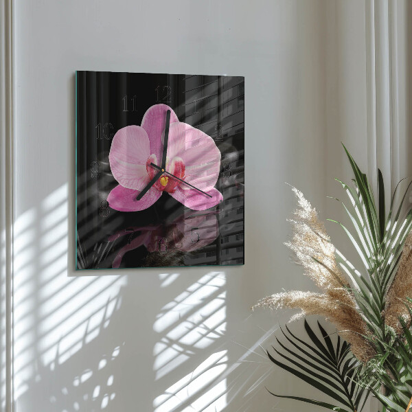 Vierkante glazen wandklok Orchidee