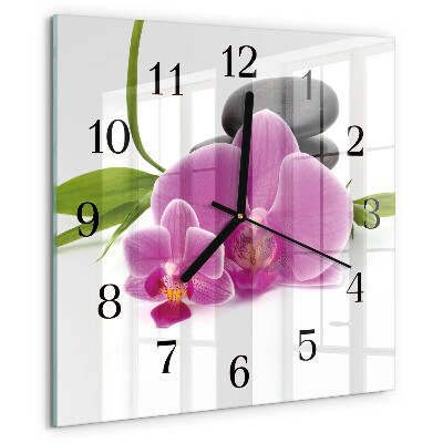 Vierkante glazen wandklok Orchidee