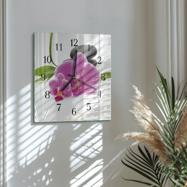Vierkante glazen wandklok Orchidee