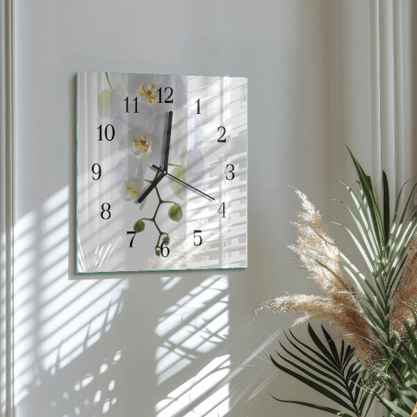 Vierkante glazen wandklok Orchidee