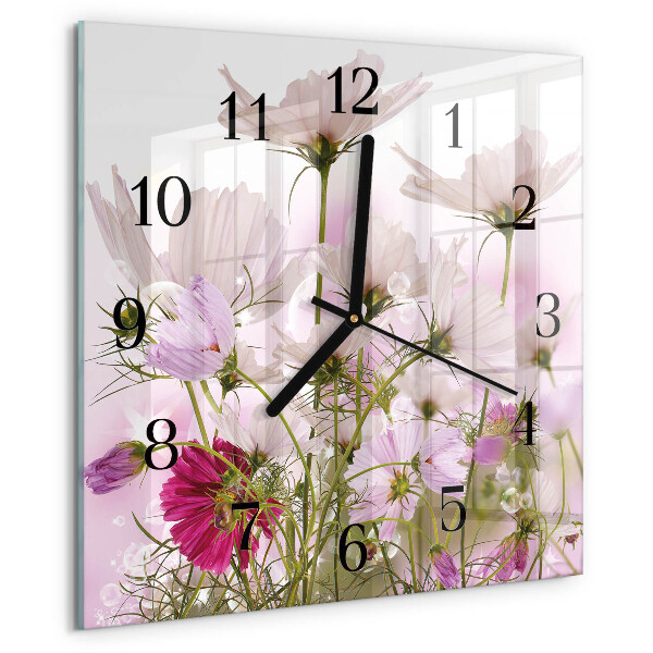 Vierkante glazen wandklok Cosmosbloemen