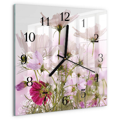 Vierkante glazen wandklok Cosmosbloemen