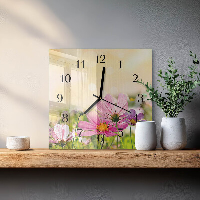 Vierkante glazen wandklok Cosmosbloemen