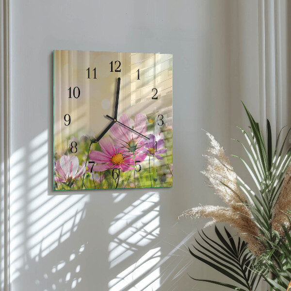 Vierkante glazen wandklok Cosmosbloemen