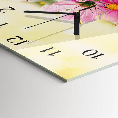 Vierkante glazen wandklok Cosmosbloemen