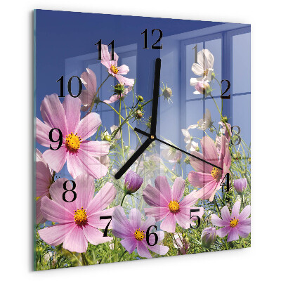 Vierkante glazen wandklok Cosmosbloemen