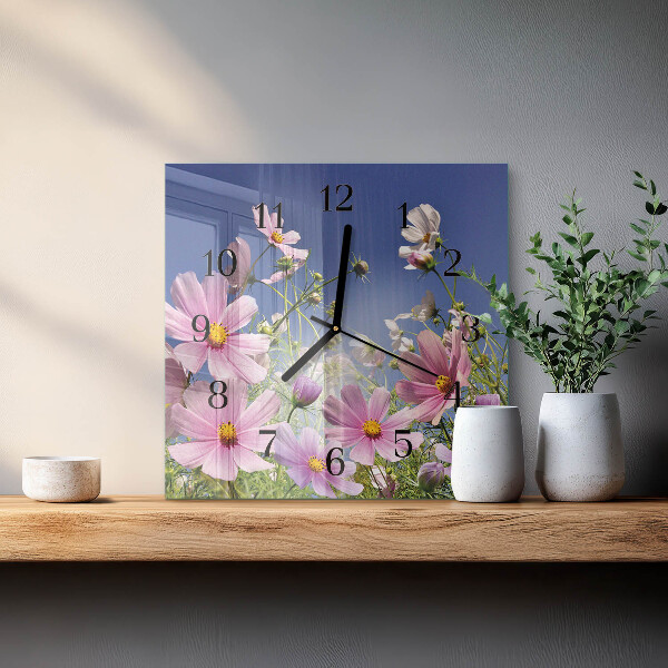 Vierkante glazen wandklok Cosmosbloemen