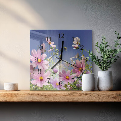 Vierkante glazen wandklok Cosmosbloemen