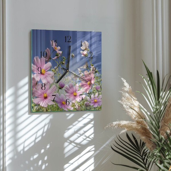 Vierkante glazen wandklok Cosmosbloemen