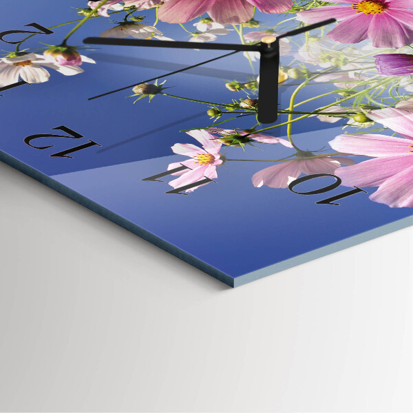 Vierkante glazen wandklok Cosmosbloemen