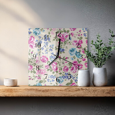 Vierkante glazen wandklok Rozen