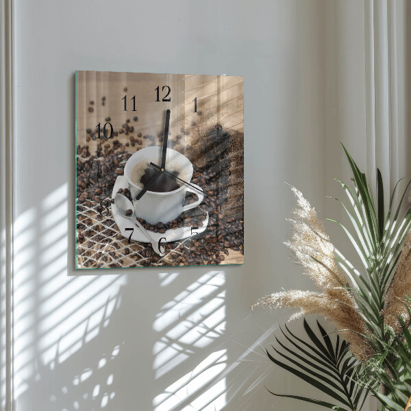 Vierkante glazen wandklok Kopje koffie