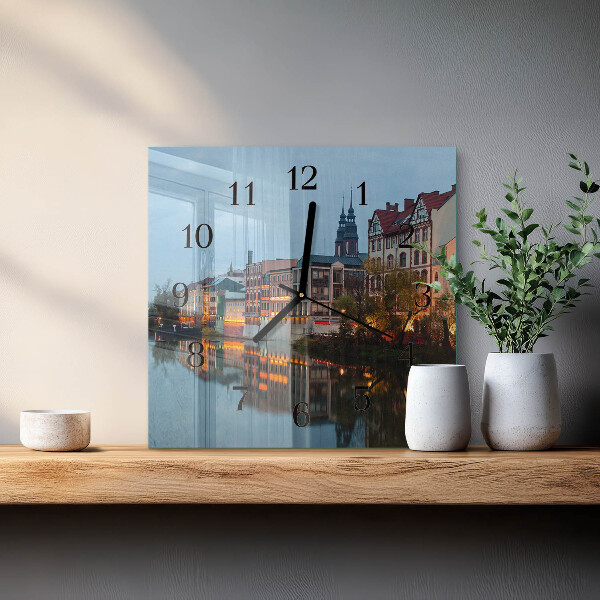 Vierkante glazen wandklok Oude stad