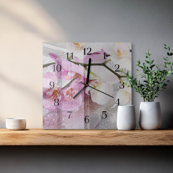 Vierkante glazen wandklok Orchidee