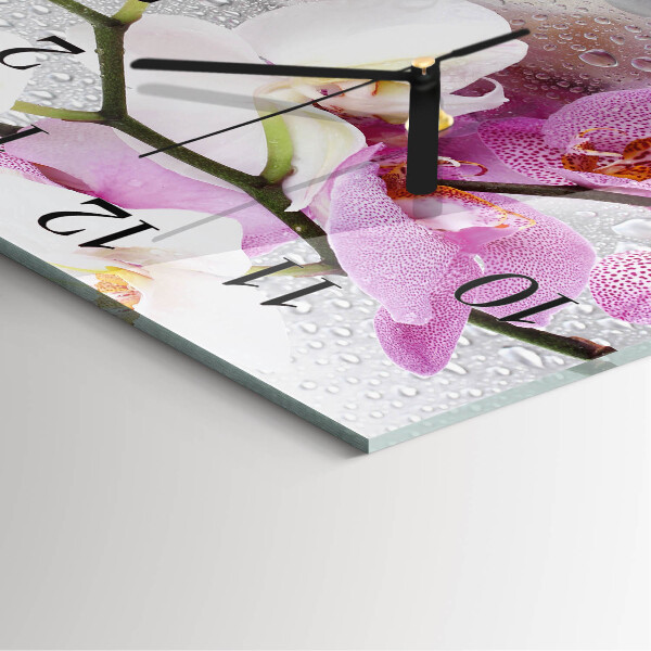 Vierkante glazen wandklok Orchidee