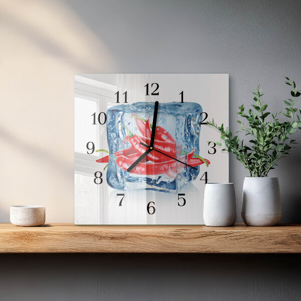 Vierkante glazen wandklok Chili met ijs