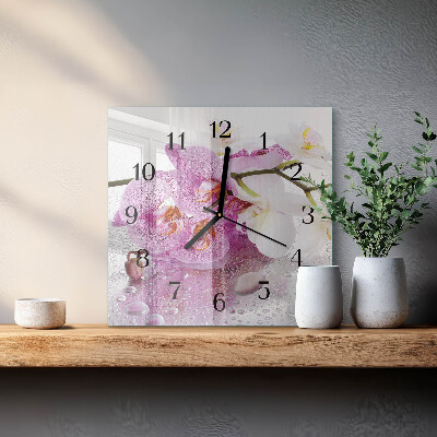 Vierkante glazen wandklok Orchidee