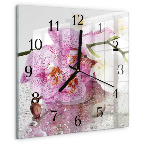 Vierkante glazen wandklok Orchidee