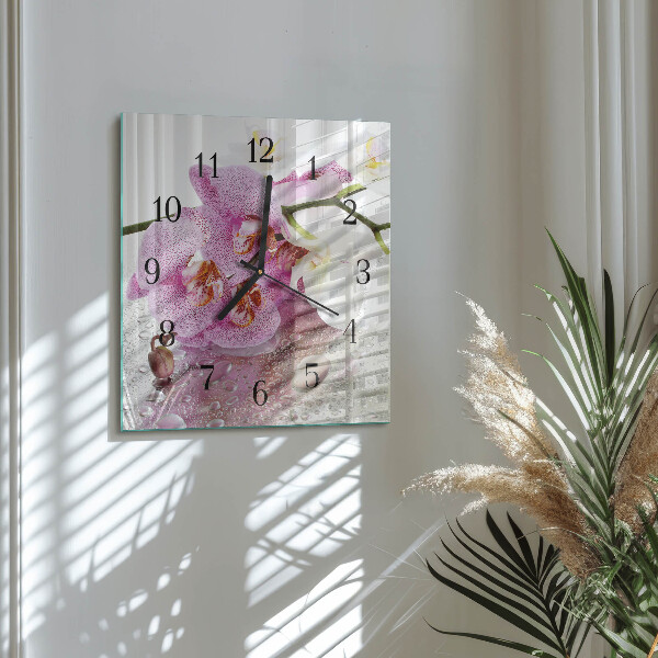 Vierkante glazen wandklok Orchidee