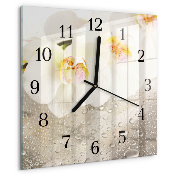 Vierkante glazen wandklok Orchidee