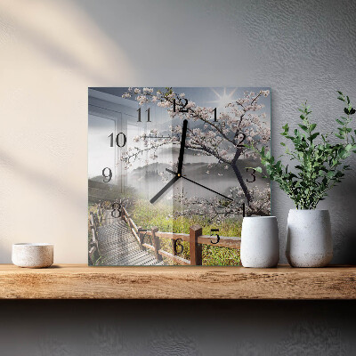 Vierkante glazen wandklok Lente