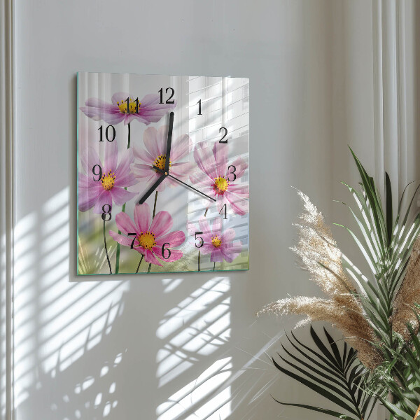 Vierkante glazen wandklok Bloemen