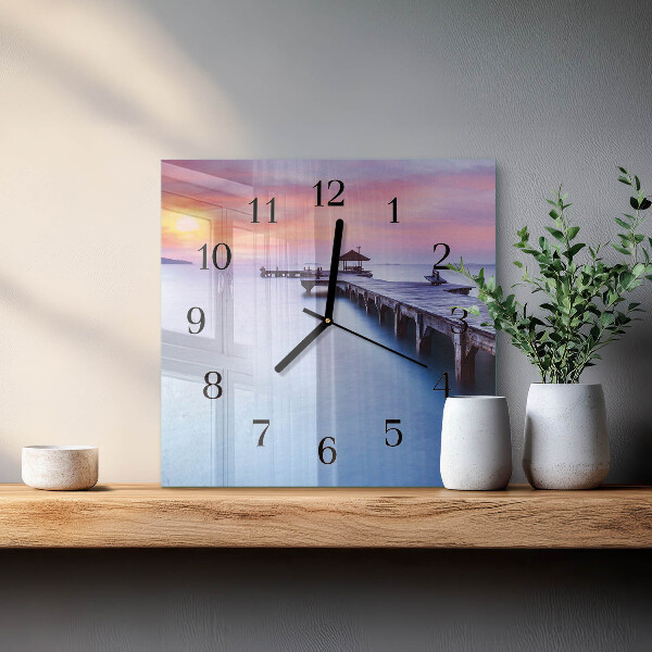 Vierkante glazen wandklok Houten brug