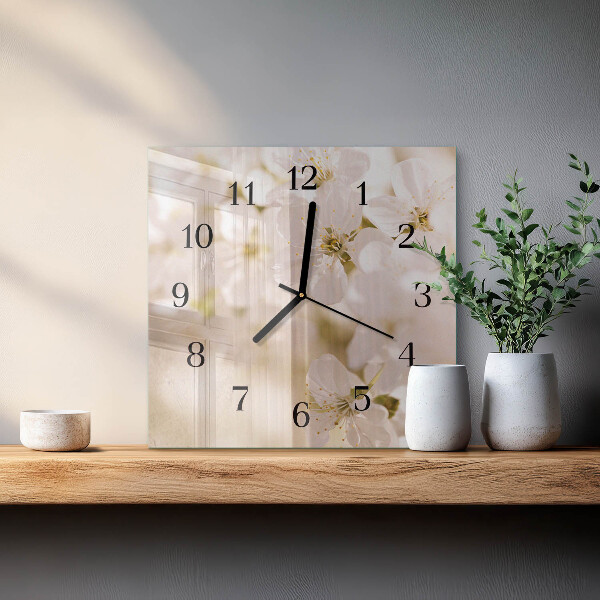 Vierkante glazen wandklok Bloemen