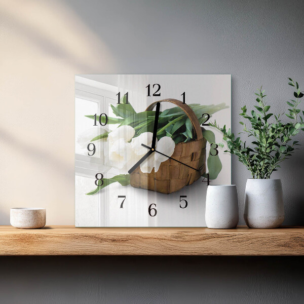 Vierkante glazen wandklok Mand met tulpen