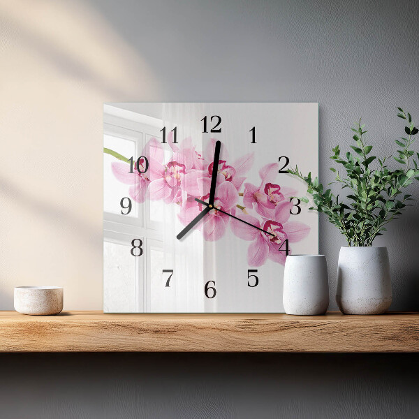 Vierkante glazen wandklok Orchidee