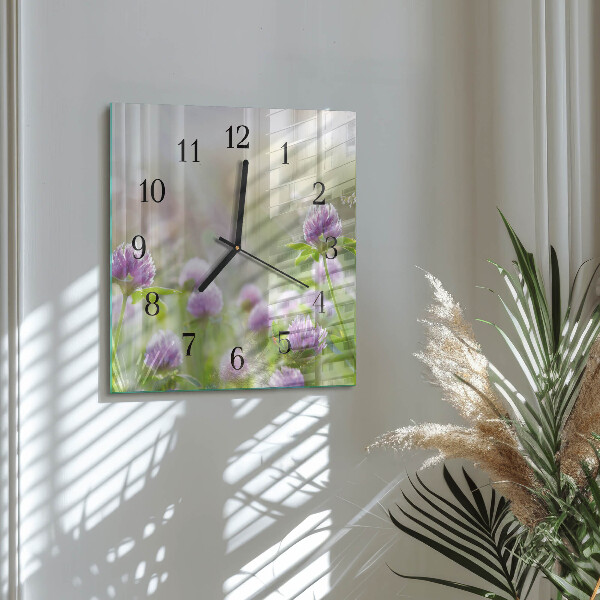 Vierkante glazen wandklok Bloemen