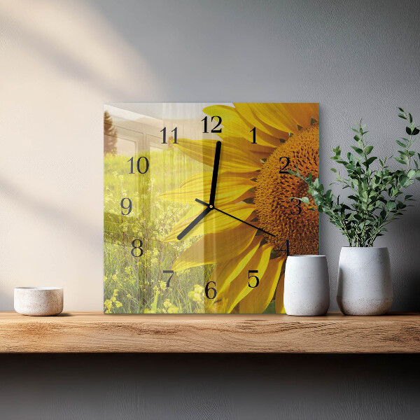 Vierkante glazen wandklok Zonnebloem