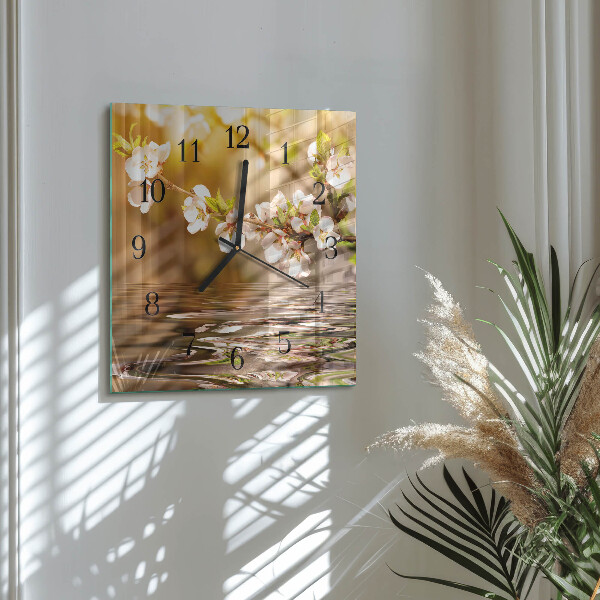 Vierkante glazen wandklok Bloemen