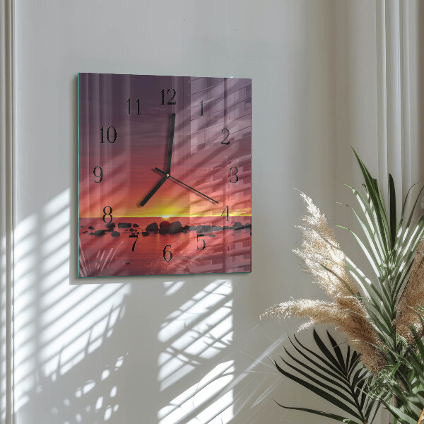 Vierkante glazen wandklok Zonsondergang