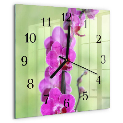 Vierkante glazen wandklok Orchidee