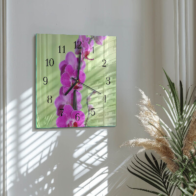 Vierkante glazen wandklok Orchidee