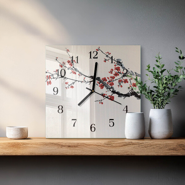 Vierkante glazen wandklok Bloemen