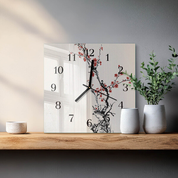 Vierkante glazen wandklok Bloemen