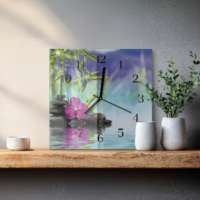 Vierkante glazen wandklok Spa Orchid