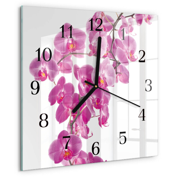 Vierkante glazen wandklok Orchidee