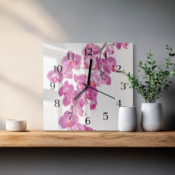 Vierkante glazen wandklok Orchidee