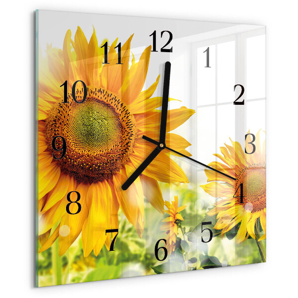 Vierkante glazen wandklok Zonnebloem