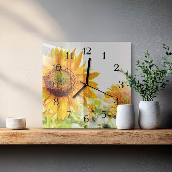 Vierkante glazen wandklok Zonnebloem