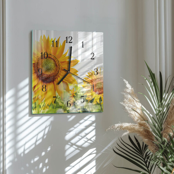 Vierkante glazen wandklok Zonnebloem