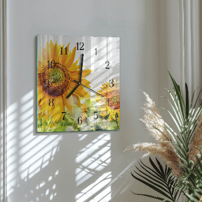 Vierkante glazen wandklok Zonnebloem