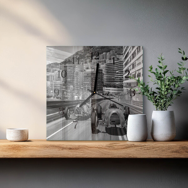 Vierkante glazen wandklok Raceauto